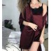 Женский велюровый халат в полоску бордо