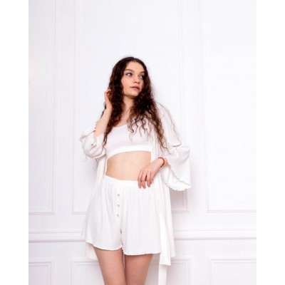 Комплект в рубчик топ+шорты+халат белый